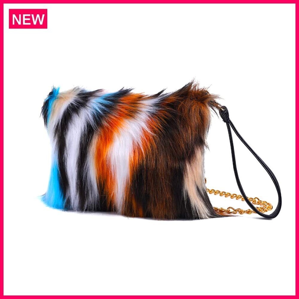 Faux Fur Evening Bag Crossbody Shoulder Strap 12x8 Inches Fluffy Purse